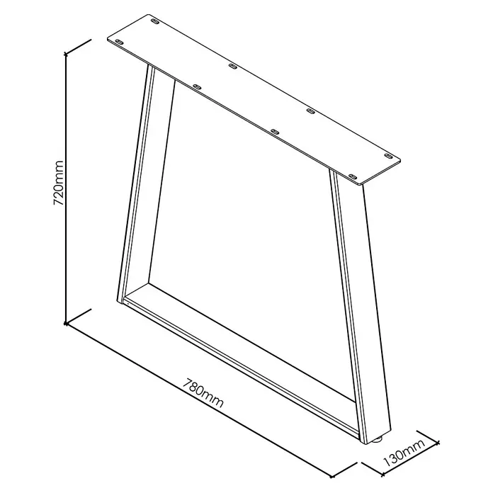 Tischbein CITYLINE Bremen - 780 x 130 x 720 mm, Schwarz - Technische Zeichnung eines metallenen A-Rahmen-Tischbeins, 720mm hoch, 780mm lang, 130mm tief.