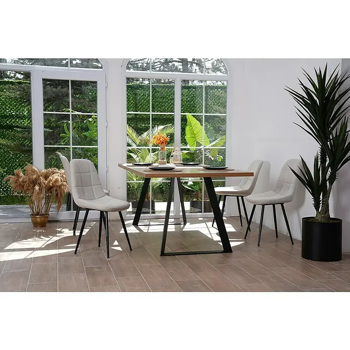 Tischbein CITYLINE Wien - 780 x 340 x 720 mm, Schwarz - Dieser Essbereich zeigt einen stilvollen Tisch mit Stühlen, der durch natürliches Licht und grüne Pflanzen eine einladende Atmosphäre schafft.