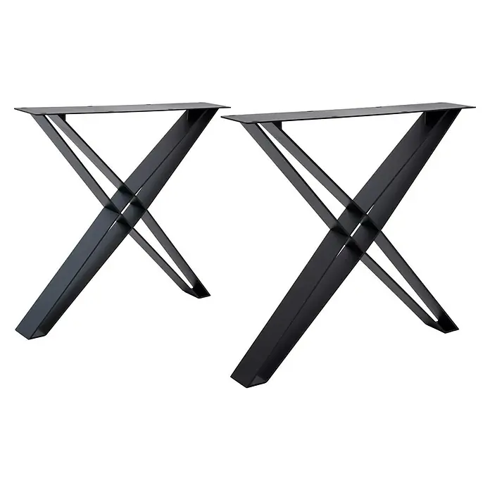 Tischbein CITYLINE Venedig - 780 x 140 x 720 mm, Schwarz - Das Bild zeigt zwei schwarze Tischbeine aus Metall mit einer markanten X-förmigen Strebenkonstruktion, ideal für moderne Möbeldesigns.