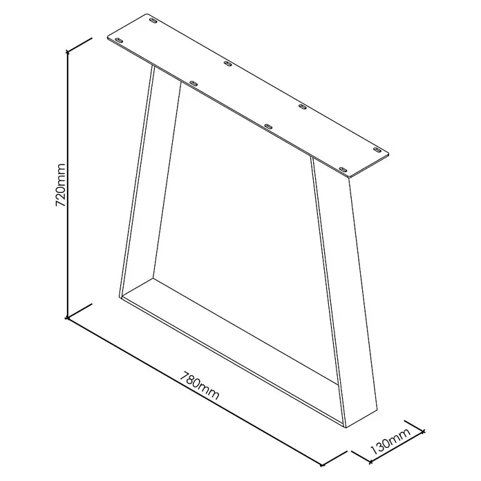 Tischbein CITYLINE Sylt - 780 x 130 x 720 mm, Schwarz - Darstellung eines trapezförmigen Tischbeins aus Metall mit den Maßen 720 mm Höhe, 780 mm Länge und 130 mm Breite.