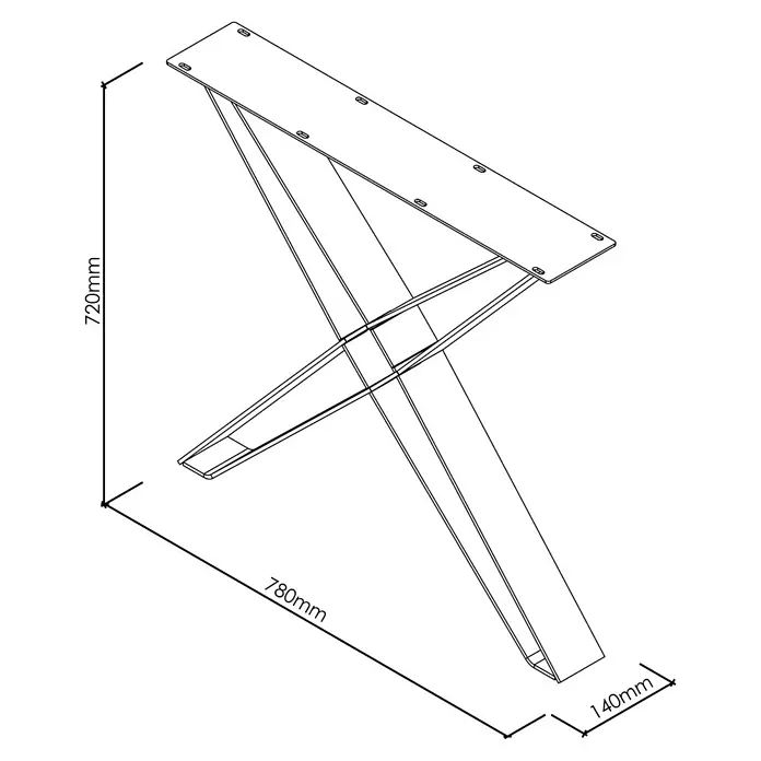 Tischbein CITYLINE Venedig - 780 x 140 x 720 mm, Schwarz - Technische Zeichnung eines Tischbeins mit den Maßen 720mm Höhe, 780mm Länge und 140mm Breite.