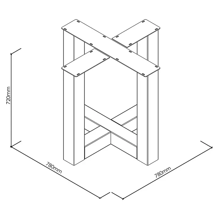 Tischbein CITYLINE Amsterdam - 780 x 780 x 720 mm, Schwarz - Produktabbildung eines stilvollen Tischgestells mit markanten Kreuzstreben und präzisen Maßangaben für eine einfache Montage.