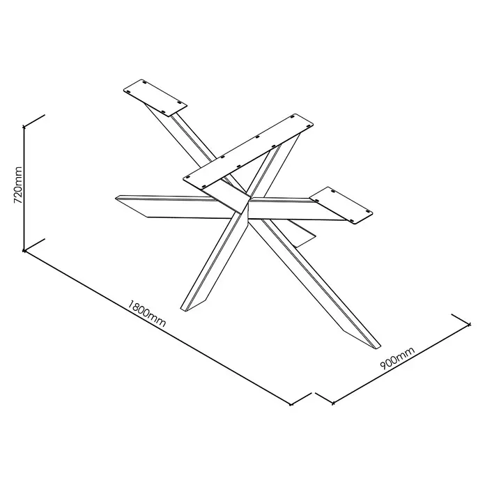 Tischbein CITYLINE Spider - 1.800 x 900 x 720 mm, Schwarz - Perspektivische Darstellung eines Tischgestells mit Maßen, Höhe 720mm, Länge 1800mm und Breite 900mm, ideal für moderne Inneneinrichtungen.