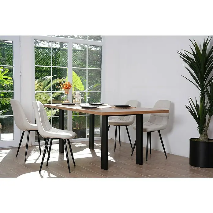 Tischbein CITYLINE Gaarden - 780 x 140 x 720 mm, Schwarz - Elegantes Esszimmer-Set mit Holztisch und vier hellen Stühlen auf schlanken, schwarzen Beinen für ein modernes Ambiente.