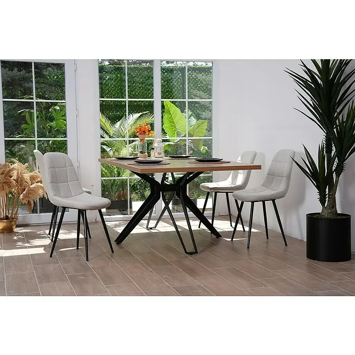 Tischbein CITYLINE Mailand - 1.440 x 1.040 x 720 mm, Schwarz - Ein quadratischer Esstisch mit Holzplatte und schwarzen Metallbeinen umgeben von vier modernen, gepolsterten Stühlen in einem hellen Raum.