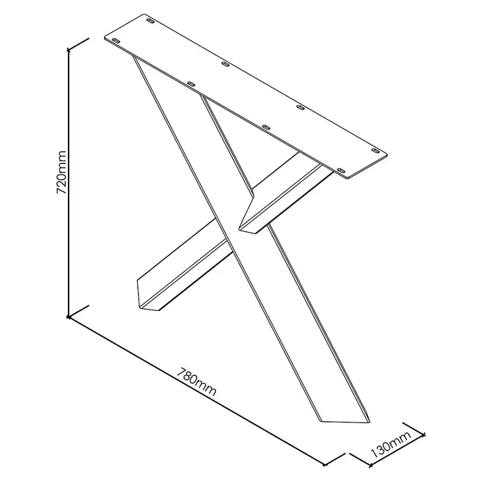 Tischbein CITYLINE Malaga - 780 x 130 x 720 mm, Schwarz - X-förmiges Metall-Tischbein in Umrisszeichnung mit Maßen: 720 mm Höhe, 780 mm Oberlänge, 130 mm Fußbreite.