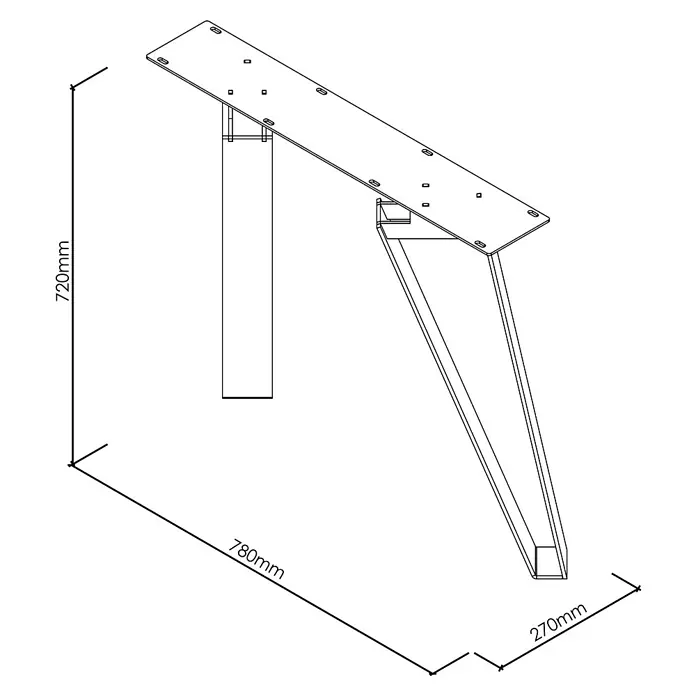 Tischbein CITYLINE New York - 780 x 270 x 720 mm, Schwarz - Perspektivische Darstellung eines Tischgestells mit rechteckiger Montageplatte und zwei Beinen, Maße sind angegeben.