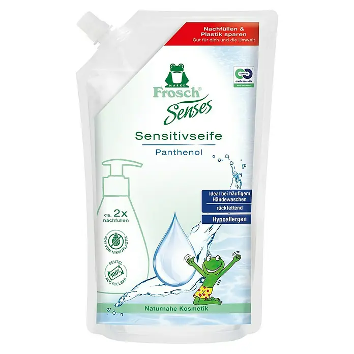 Frosch Senses Flüssigseife Sensitivseife - 500 ml, Nachfüllbeutel - Nachfüllbeutel Frosch Senses Sensitivseife mit Panthenol, ideal für häufiges Händewaschen, rückfettend und hypoallergen, 100% recycelbar.
