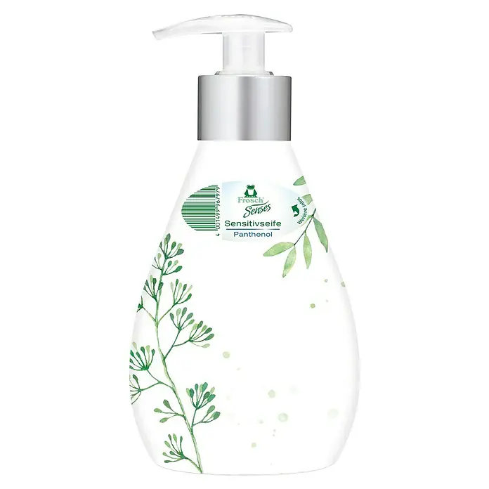 Frosch Senses Flüssigseife Sensitivseife - 300 ml, Spenderflasche - Abbildung einer Flasche Frosch Senses Sensitivseife mit Panthenol, die sanfte Reinigung und Pflege für empfindliche Haut verspricht.