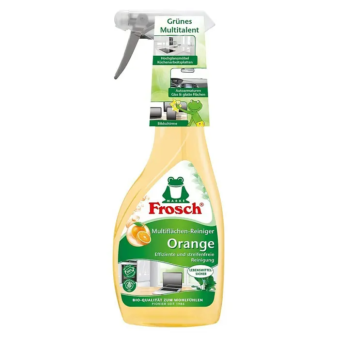 Frosch Reinigungsmittel Multiflächen-Reiniger Orange - 500 ml, Flasche mit Sprühkopf - Frosch Orangen Allzweckreiniger für eine effiziente und streifenfreie Reinigung verschiedener Oberflächen im Haushalt.