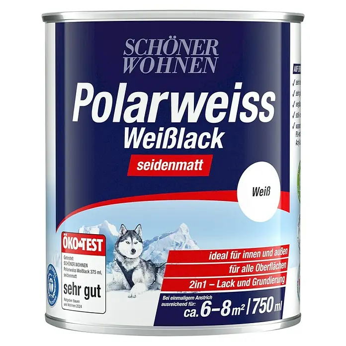 SCHÖNER WOHNEN-Farbe Weißlack Polarweiß - Weiß, Seidenmatt, 750 ml, Wasserbasiert - Dose Polarweiss Weißlack seidenmatt von Schöner Wohnen mit Husky-Motiv. Ideal für Innen- und Außenbereiche, 2in1 Lack und Grundierung.
