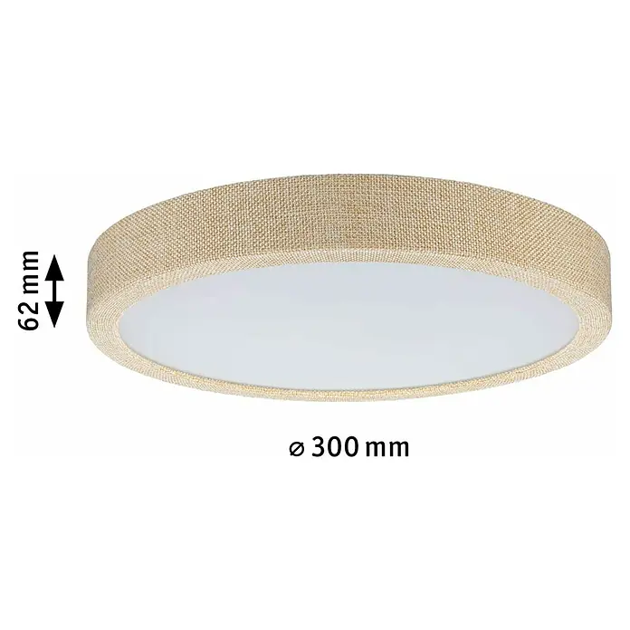 Paulmann LED-Panel rund Cosara - 15 W, Ø x H: 30 x 6,2 cm, Beige, Neutralweiß - Nahaufnahme einer runden, beigefarbenen Deckenleuchte mit Stoffbezug und den Maßen 300 mm Durchmesser und 62 mm Höhe.