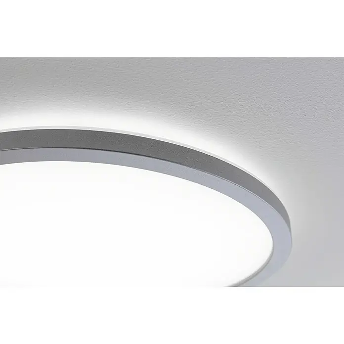 Paulmann LED-Panel rund Atria Shine - Durchmesser: 19 cm, 12,5 W, Chrom, Neutralweiß - Nahaufnahme einer modernen LED-Deckenleuchte mit silberfarbenem Rahmen. Das Licht ist hell und gleichmäßig verteilt.
