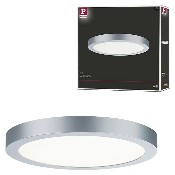 Paulmann LED-Panel rund Abia - 24 W, Chrom matt, Warmweiß - Produktbild: Runde, flache Paulmann Deckenleuchte Abia in Chrom matt, mit Verpackung. Elegantes und modernes Design für Innenräume.