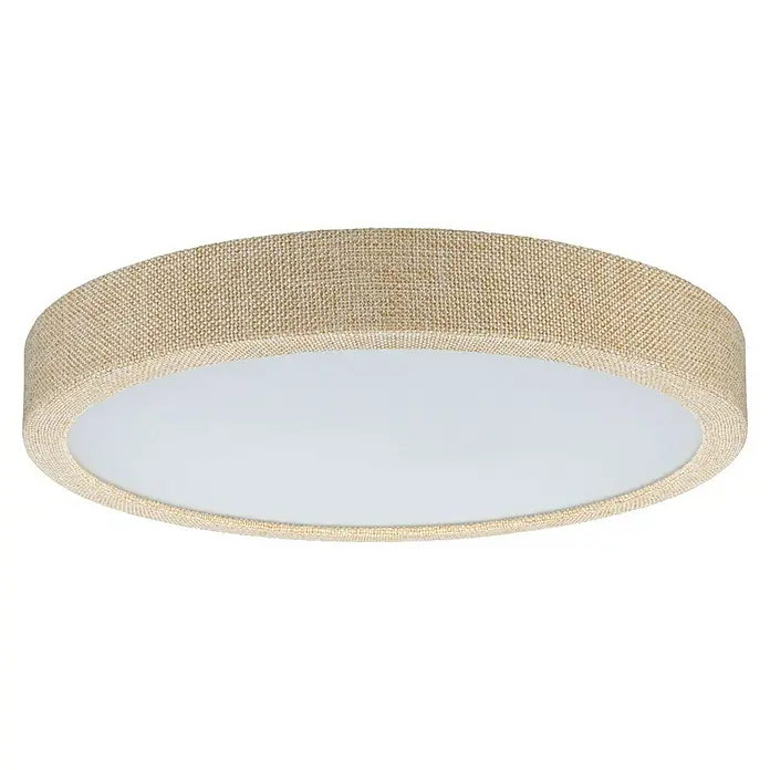 Paulmann LED-Panel rund Cosara - 15 W, Ø x H: 30 x 6,2 cm, Beige, Neutralweiß - Nahaufnahme einer runden Deckenleuchte mit einem Rahmen aus beigem Stoff und einer weißen, matten Oberfläche.