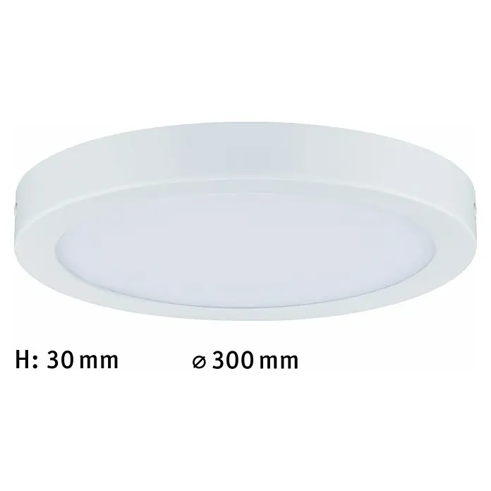 Paulmann LED-Panel rund Abia - 24 W, Weiß, Warmweiß - Nahaufnahme einer runden, weißen LED-Deckenleuchte mit den Maßen H: 30 mm und Ø 300 mm.