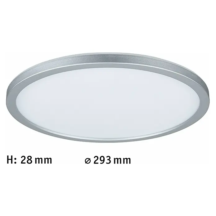 Paulmann LED-Panel Atria Shine - Durchmesser: 29,3 cm, 19 W, Chrom, Warmweiß - Eine Nahaufnahme einer runden LED-Deckenleuchte mit silbernem Rahmen und den Abmessungen Höhe 28 mm und Durchmesser 293 mm.