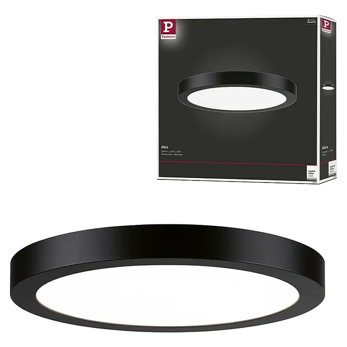 Paulmann LED-Panel rund Abia - 24 W, Schwarz, Neutralweiß - Produktabbildung der Paulmann Abia LED Deckenleuchte, schwarz matt, 22W und 3200 Lumen, mit Verpackung.