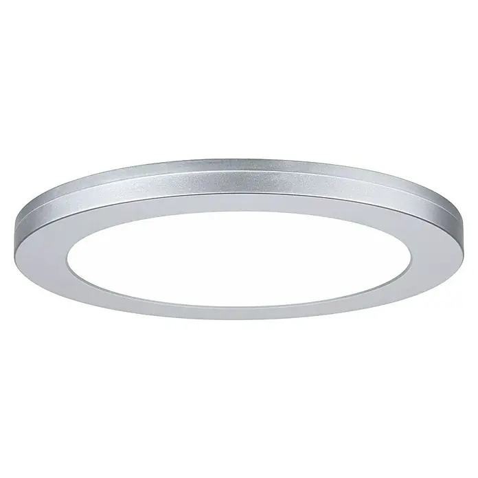 Paulmann LED-Einbauleuchte rund - 19 W, Ø x H: 22,5 x 1,9 cm, Neutralweiß, Chrom - Nahaufnahme einer runden, silberfarbenen LED-Deckenleuchte mit hellem, diffusem Licht, ideal für moderne Innenräume.\n