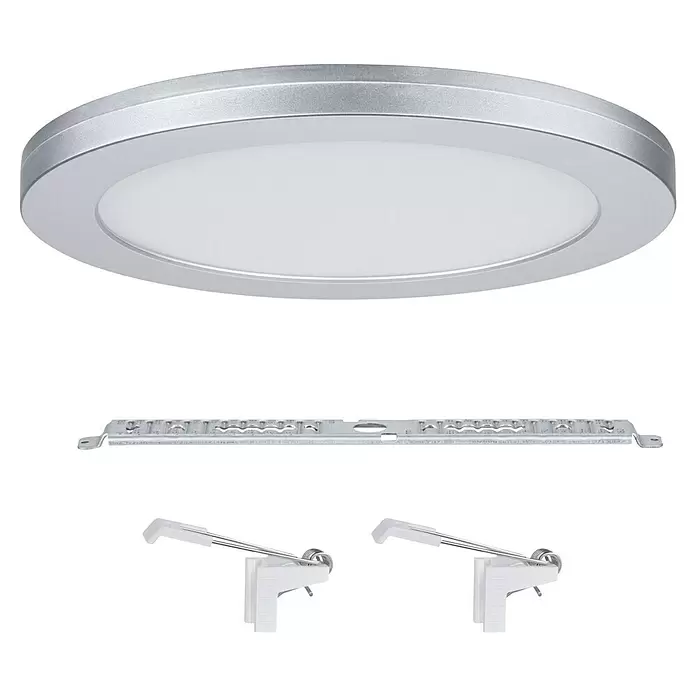 Paulmann LED-Einbauleuchte rund - 19 W, Ø x H: 22,5 x 1,9 cm, Neutralweiß, Chrom - Rundes silbernes LED-Panel mit weißem Diffusor, Montagehalterung und zwei weißen Federklammern.