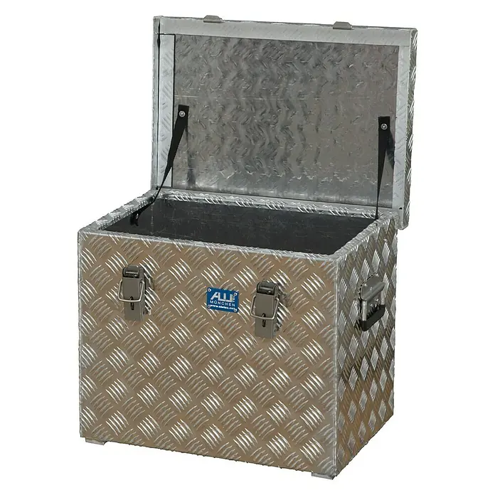Alutec München Aufbewahrungs- & Transportbox R70 - 522 x 375 x 420 mm, 70 l - Bild einer offenen Aluminiumbox mit Riffelblechmuster, ideal für Werkzeug oder Lagerung.