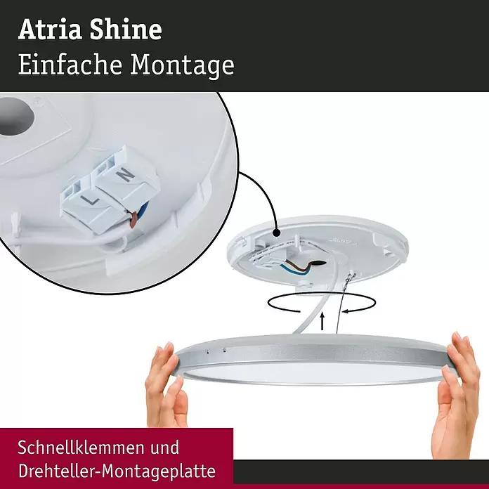Paulmann LED-Panel rund Atria Shine IP44 - 12,5 W, Durchmesser: 19 cm, Weiß, Warmweiß - Runde, silberne LED-Deckenleuchte wird montiert. Mit Schnellklemmen und Drehteller-Montageplatte zur einfachen Installation.