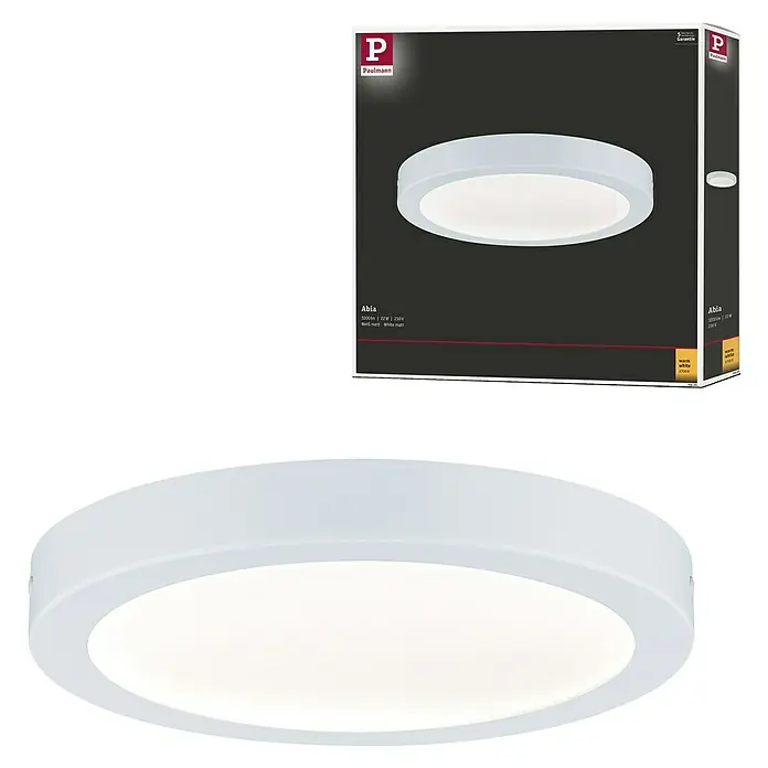 Paulmann LED-Panel rund Abia - 24 W, Weiß, Warmweiß - Das Bild zeigt eine Paulmann Abia LED-Deckenleuchte in mattem Weiß, sowohl als Produktaufnahme als auch auf der Verpackung.