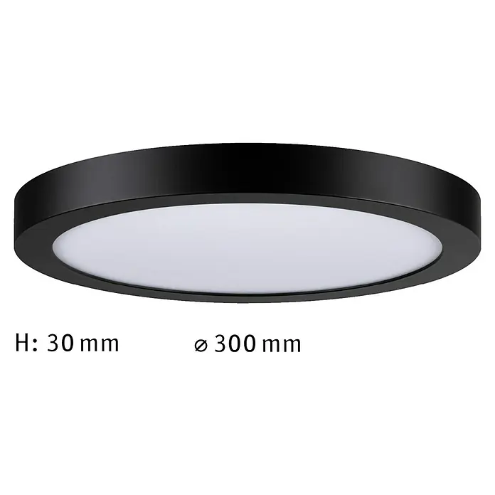 Paulmann LED-Panel rund Abia - 24 W, Schwarz, Neutralweiß - Eine flache, runde Deckenleuchte in Schwarz mit einem Durchmesser von 300 mm und einer Höhe von 30 mm.