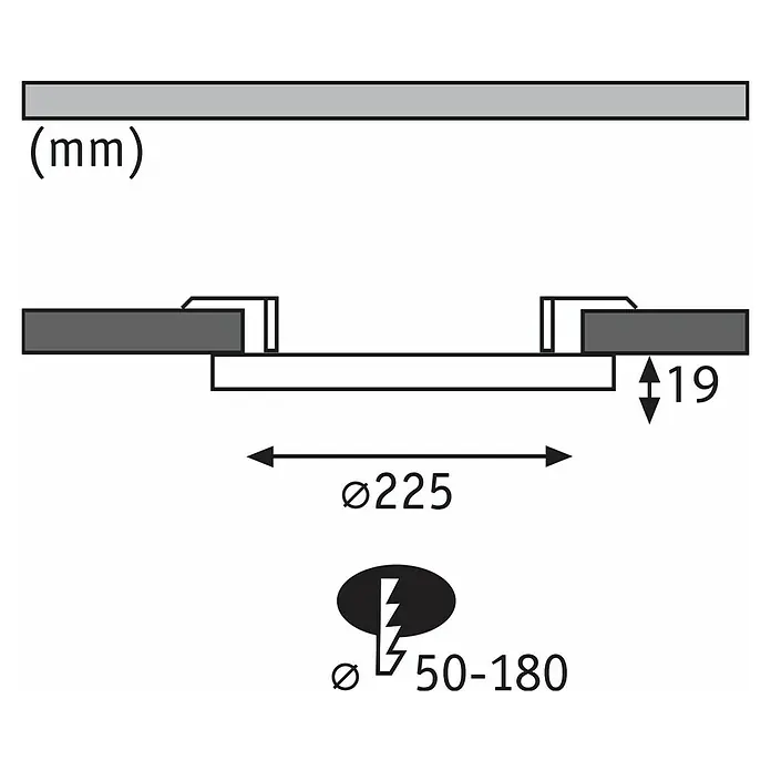 Paulmann LED-Einbauleuchte rund - 19 W, Ø x H: 22,5 x 1,9 cm, Neutralweiß, Chrom - Produktskizze mit Maßangaben: Durchmesser 225 mm, Höhe 19 mm, Lochdurchmesser 50-180 mm.