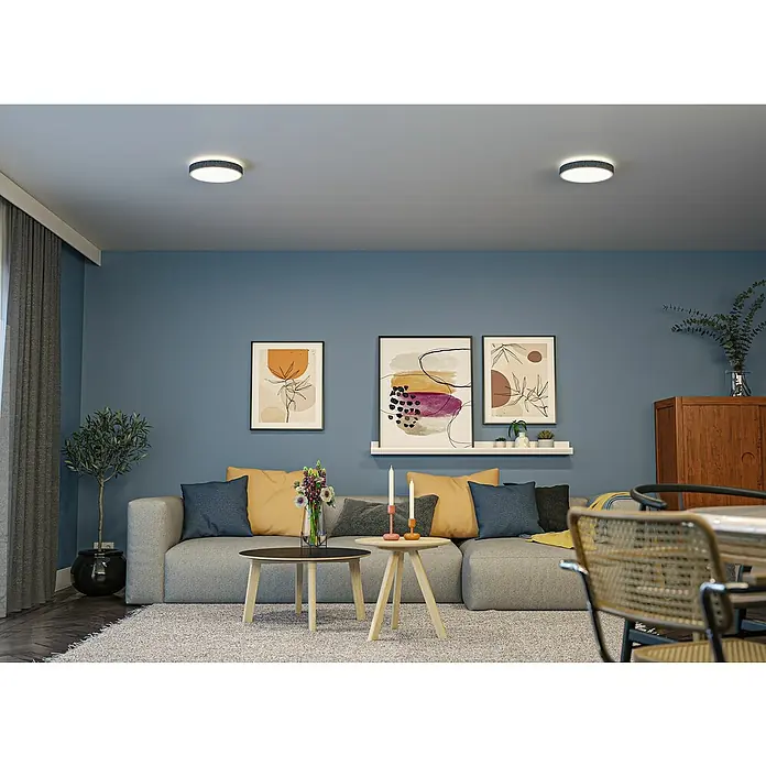Paulmann LED-Panel rund Cosara15 W, Ø x H: 30 x 6,2 cm, Dungelgrau, Neutralweiß - Das Bild zeigt eine moderne Deckenleuchte mit einem schlichten, runden Design, die gut in Wohnräume passt. Sie sorgt für ein angenehmes Licht.