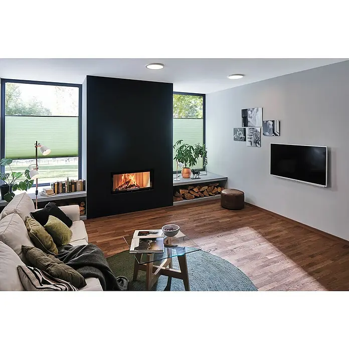Paulmann LED-Panel rund Abia - 24 W, Weiß, Neutralweiß - Wohnzimmer mit modernem Kamin, bequemer Couch und TV-Gerät an der Wand, ideal für gemütliche Abende und entspannte Stunden.