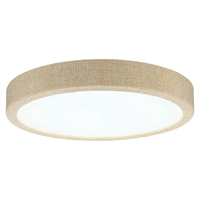 Paulmann LED-Panel rund Cosara - 15 W, Ø x H: 30 x 6,2 cm, Beige, Neutralweiß - Nahaufnahme einer runden Deckenleuchte mit einem Stoffschirm und einem hellen Diffusor, die eine moderne und elegante Beleuchtungslösung darstellt.