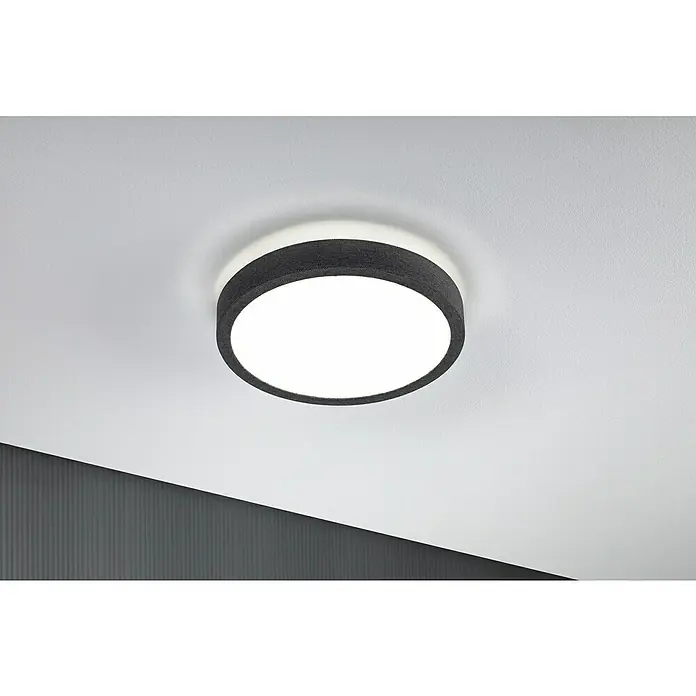 Paulmann LED-Panel rund Cosara15 W, Ø x H: 30 x 6,2 cm, Dungelgrau, Neutralweiß - Deckenleuchte mit einem runden, schwarzen Stoffrahmen und einem hellen, diffusen Licht, das eine moderne und elegante Beleuchtung bietet.