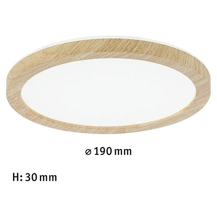 Paulmann LED-Panel rund Atria Shine IP44 - 12,5 W, Durchmesser: 19 cm, Holz, Neutralweiß - Eine runde LED-Deckenleuchte mit einem Holzrahmen. Sie hat einen Durchmesser von 190 mm und eine Höhe von 30 mm.