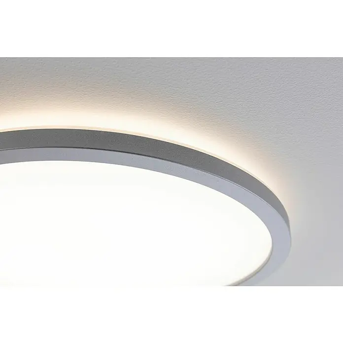 Paulmann LED-Panel Atria Shine - Durchmesser: 29,3 cm, 19 W, Chrom, Warmweiß - Nahaufnahme einer modernen, runden Deckenleuchte mit silbernem Rahmen und hellem, diffusem Licht für eine stilvolle Beleuchtung.