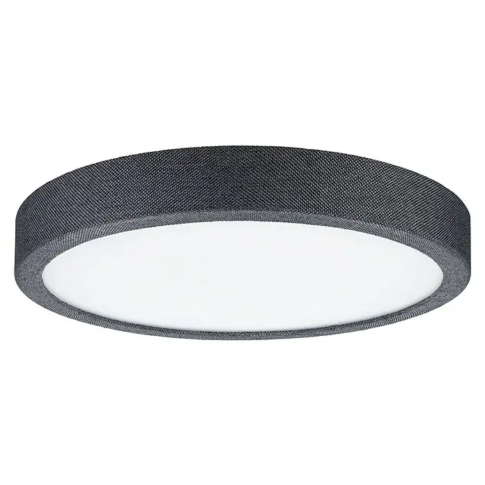 Paulmann LED-Panel rund Cosara - 15 W, Ø x H: 30 x 6,2 cm, Dungelgrau, Neutralweiß - Nahaufnahme einer runden Deckenleuchte mit grauem Stoffbezug und einem Diffusor aus weißem Kunststoff.