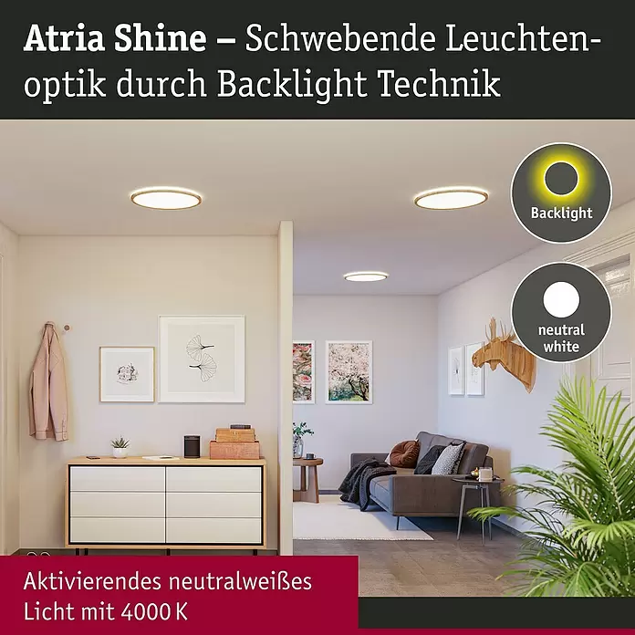 Paulmann LED-Panel rund Atria Shine IP44 - 12,5 W, Durchmesser: 19 cm, Holz, Neutralweiß - Zwei runde Deckenleuchten mit Holzrand, die neutralweißes Licht und einen Hintergrundlichteffekt abgeben, in einem Zuhause installiert.