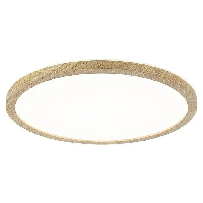 Paulmann LED-Panel rund Atria Shine IP44 - Warmweiß, 19 W, Holz, Durchmesser: 29,3 cm - Diese Nahaufnahme zeigt eine moderne Deckenleuchte mit einem hellen Holzrahmen und einem hellen, diffusen Lichtelement in der Mitte.