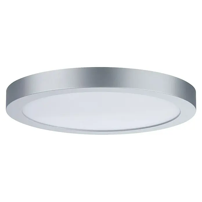 Paulmann LED-Panel rund Abia - 24 W, Chrom matt, Neutralweiß - Nahaufnahme einer runden LED-Deckenleuchte mit silbernem Rahmen und weißem Diffusor, die eine moderne und energieeffiziente Beleuchtungslösung bietet.