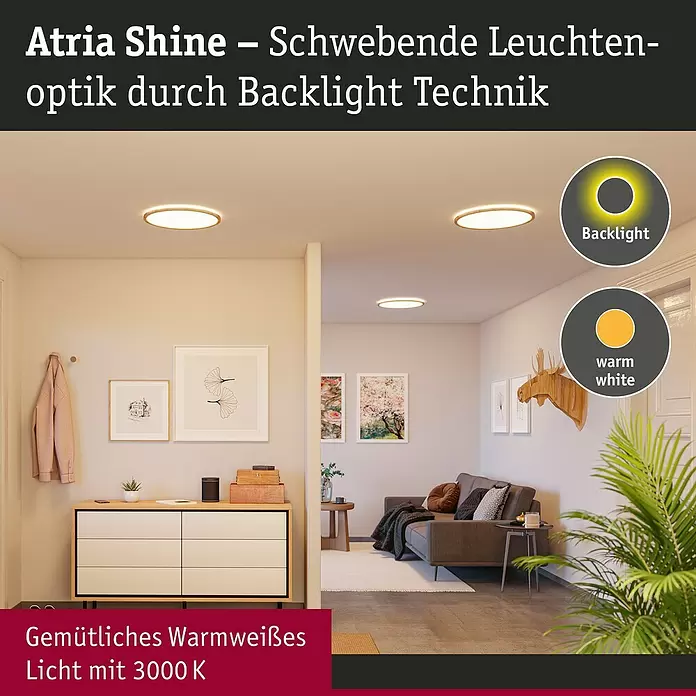 Paulmann LED-Panel rund Atria Shine IP44 - Warmweiß, 19 W, Holz, Durchmesser: 29,3 cm - Runde Atria Shine Deckenleuchten mit Holzrand bieten schwebende Optik durch Backlight und gemütliches 3000K warmweißes Licht.