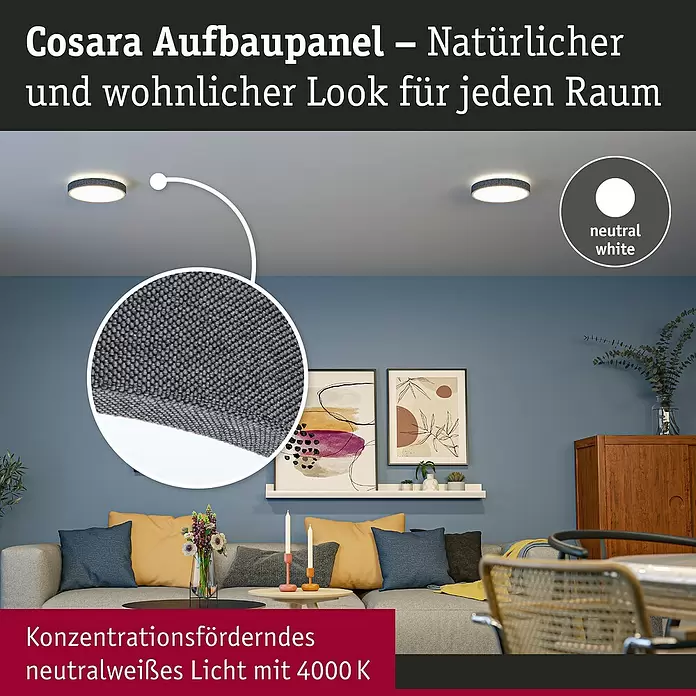 Paulmann LED-Panel rund Cosara - 15 W, Ø x H: 30 x 6,2 cm, Dungelgrau, Neutralweiß - Rundes LED-Deckenpanel mit grauem Stoffrand, das neutralweißes 4000K Licht abgibt.