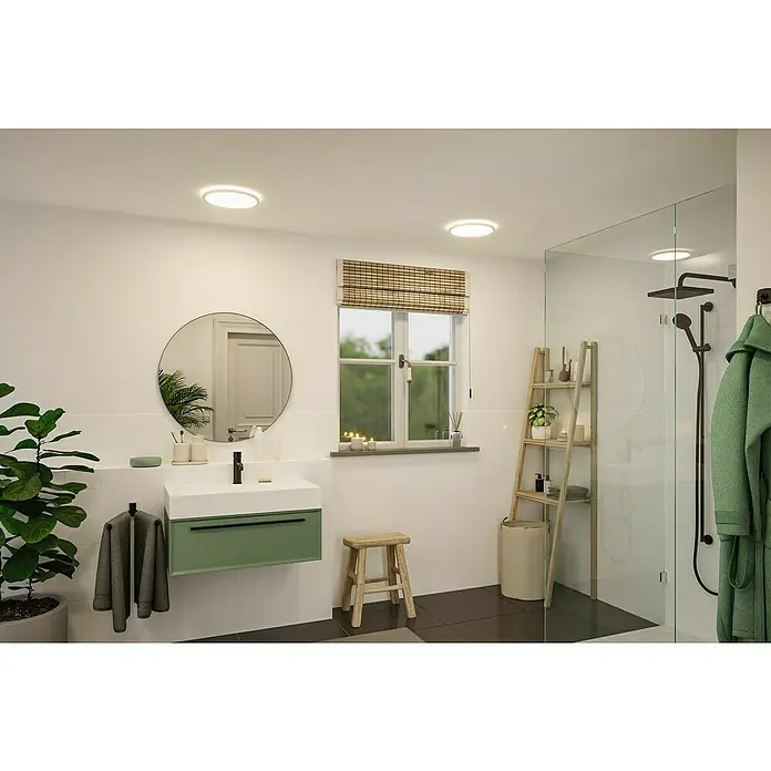 Paulmann LED-Panel rund Atria Shine IP44 - Neutralweiß, 19 W, Weiß, Durchmesser: 29,3 cm - Badezimmer mit runden Deckenleuchten, Waschtisch mit Spiegel und ebenerdiger Dusche. Helle und freundliche Atmosphäre im Raum.