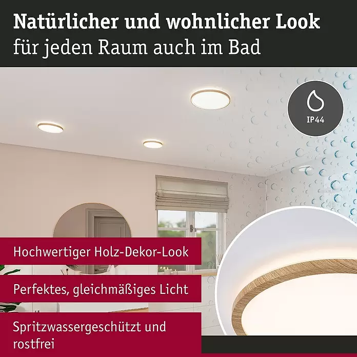Paulmann LED-Panel rund Atria Shine IP44 - 12,5 W, Durchmesser: 19 cm, Holz, Warmweiß - Holz-Deckenleuchte für Bad, IP44 spritzwassergeschützt, rostfrei, mit gleichmäßigem Licht.