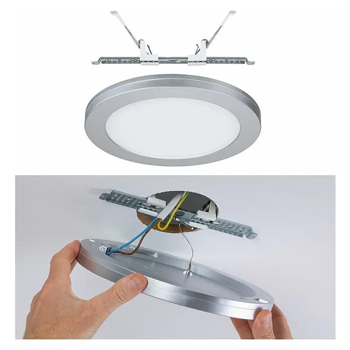 Paulmann LED-Einbauleuchte rund - 19 W, Ø x H: 22,5 x 1,9 cm, Neutralweiß, Chrom - Installation einer runden LED-Deckenleuchte in Silber mit Montageelementen und elektrischen Anschlüssen, bereit zur Befestigung an der Decke.