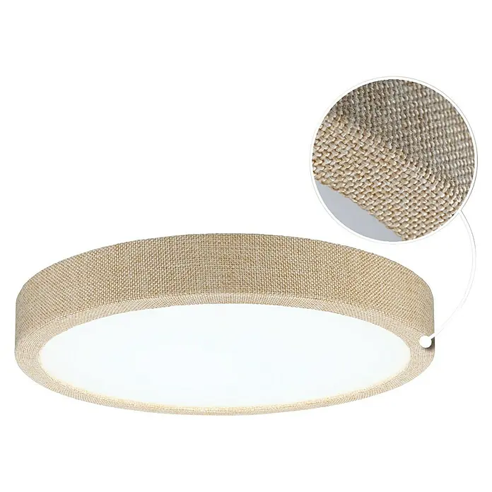 Paulmann LED-Panel rund Cosara - 15 W, Ø x H: 30 x 6,2 cm, Beige, Neutralweiß - Nahaufnahme einer runden Deckenleuchte mit einem Lampenschirm aus Jute und einem Detailausschnitt der Jute-Textur.