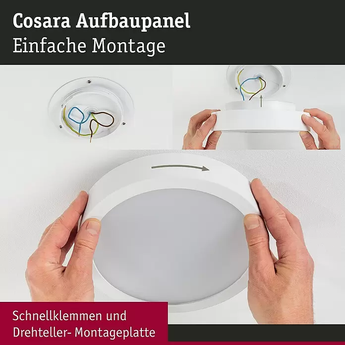 Paulmann LED-Panel rund Cosara - 15 W, Ø x H: 30 x 6,2 cm, Beige, Neutralweiß - Weiße runde LED-Aufbauleuchte wird an der Decke montiert, zeigt elektrischen Anschluss und Drehverschluss für einfache Installation.