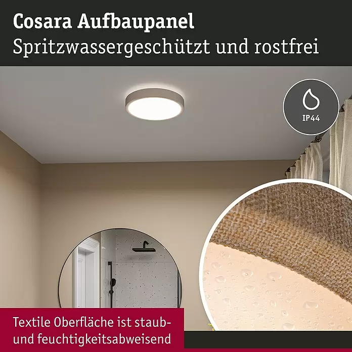 Paulmann LED-Panel rund Cosara - 15 W, Ø x H: 30 x 6,2 cm, Beige, Neutralweiß - Rundes Cosara LED-Aufbaupanel mit beiger Textiloberfläche, spritzwassergeschützt und feuchtigkeitsabweisend für Feuchträume.