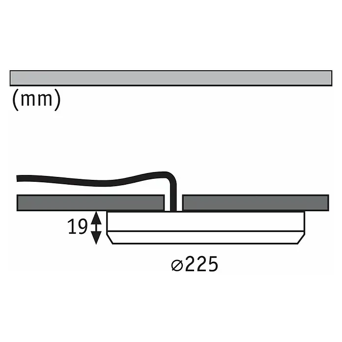 Paulmann LED-Einbauleuchte rund - 19 W, Ø x H: 22,5 x 1,9 cm, Neutralweiß, Schwarz - Ein detailliertes Diagramm des Produkts mit Maßangaben, einschließlich Durchmesser und Höhe, in Millimetern.