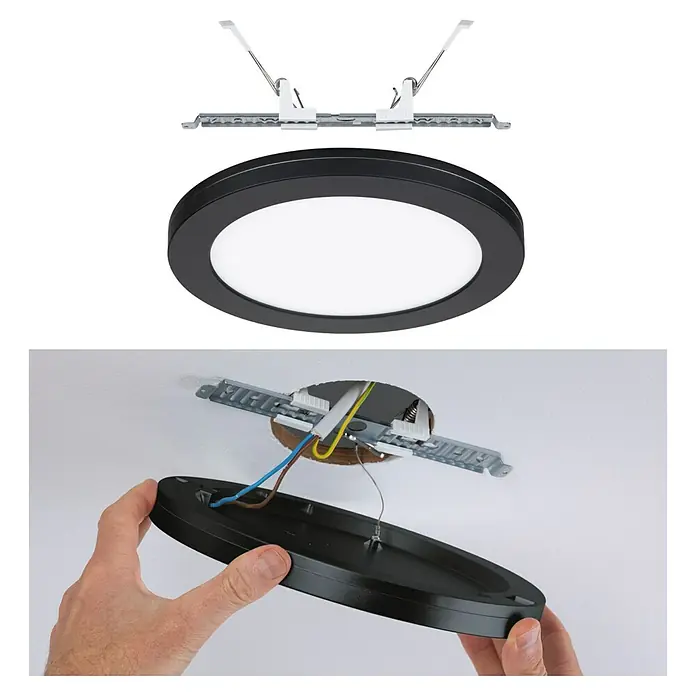 Paulmann LED-Einbauleuchte rund - 19 W, Ø x H: 22,5 x 1,9 cm, Neutralweiß, Schwarz - LED-Deckenleuchte mit schwarzem Rahmen. Das Produkt zeigt die Montage der Deckenlampe.