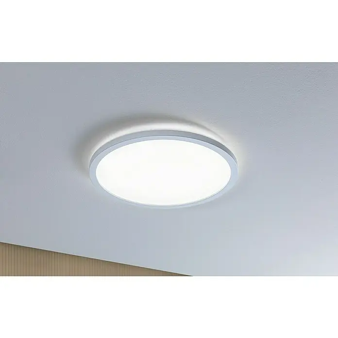 Paulmann LED-Panel rund Atria Shine IP44 - Neutralweiß, 19 W, Weiß, Durchmesser: 29,3 cm - Eine moderne, runde Deckenleuchte mit einem schlichten, weißen Rahmen, die helles, diffuses Licht in einem Raum erzeugt.